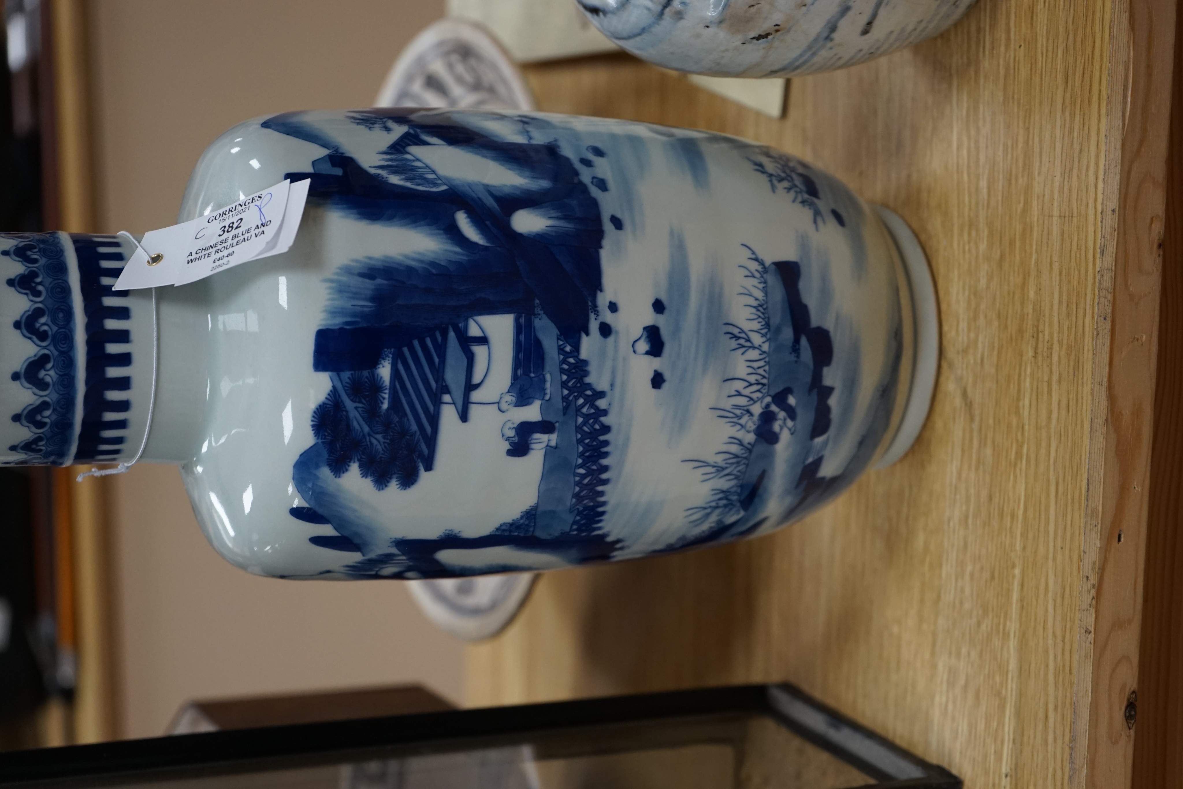 A Chinese blue and white rouleau vase and two jars, 19th century and later, 38cm